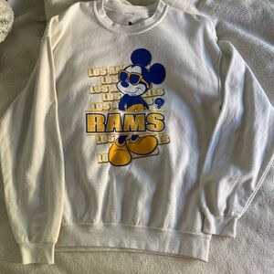 Junk Food Clothing White Crewneck with Blue and Yellow Rams Graphic